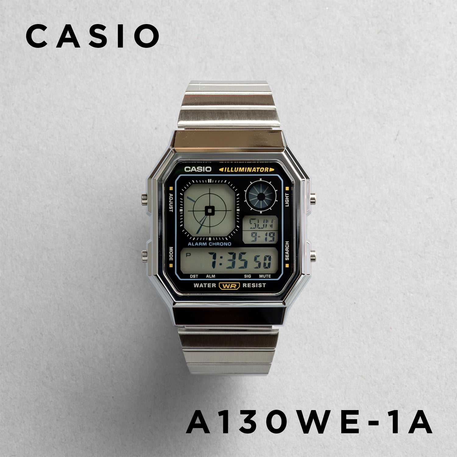 CASIO カシオ A130WE-1A シルバー ブラック文字盤 デジタル メンズ 腕時計 正面