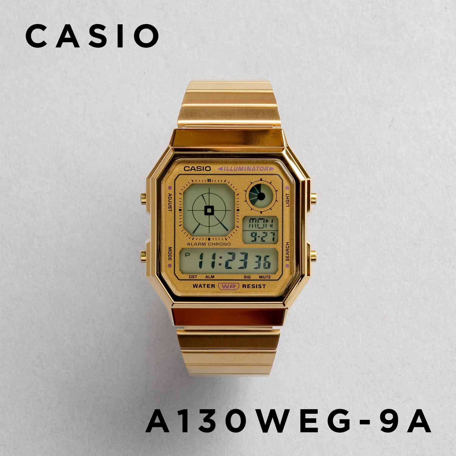 CASIO カシオ A130WEG-9A ゴールド ゴールド文字盤 デジタル メンズ 腕時計 正面