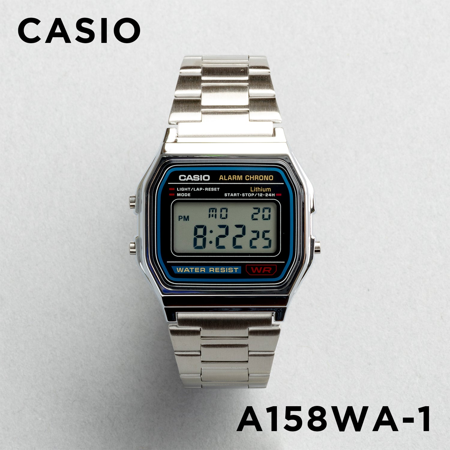 CASIO カシオ A158WA-1 シルバー ブラック文字盤 デジタル ユニセックス 腕時計 正面