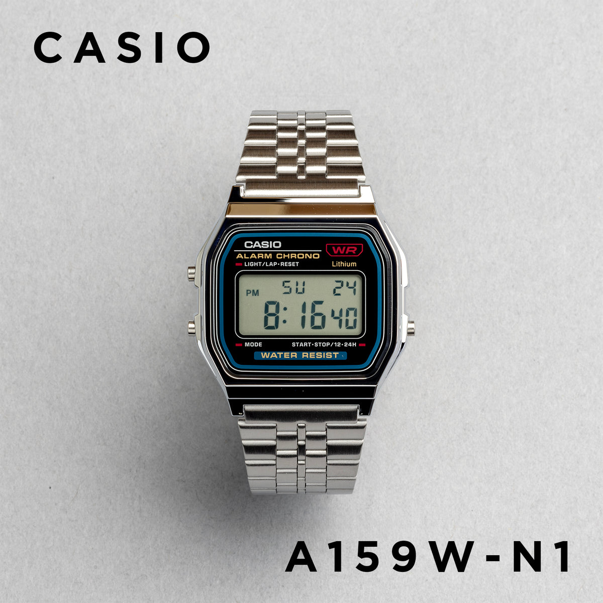 CASIO カシオ A159W-N1 シルバー ブラック文字盤 デジタル メンズ 腕時計 正面