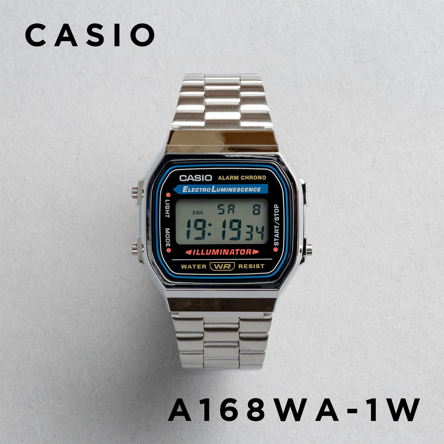 CASIO カシオ A168WA-1W シルバー ブラック文字盤 デジタル メンズ 腕時計 正面