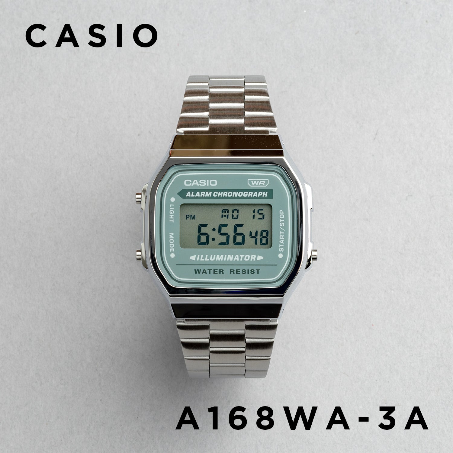 CASIO カシオ A168WA-3A シルバー グリーン文字盤 デジタル メンズ 腕時計 正面
