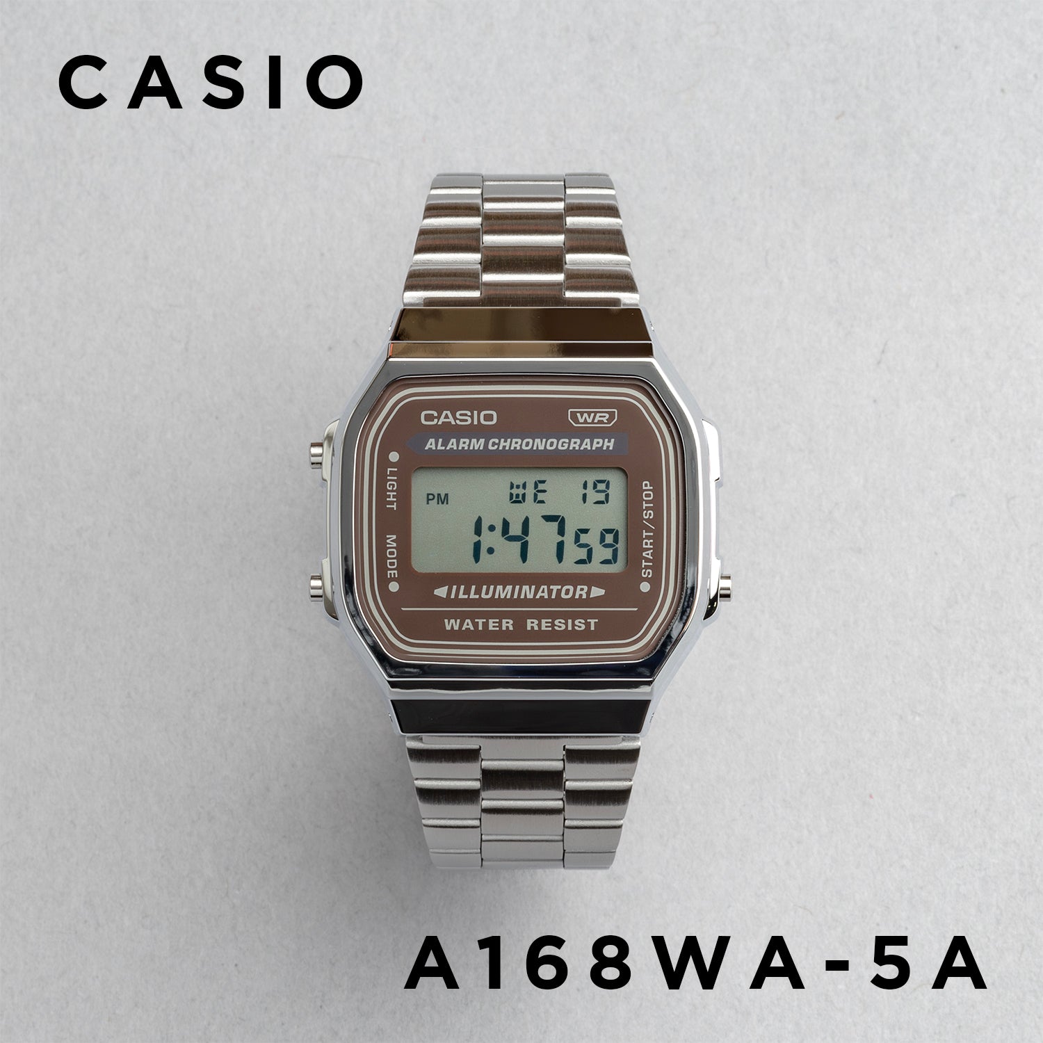 CASIO カシオ A168WA-5A シルバー ブラウン文字盤 デジタル メンズ 腕時計 正面