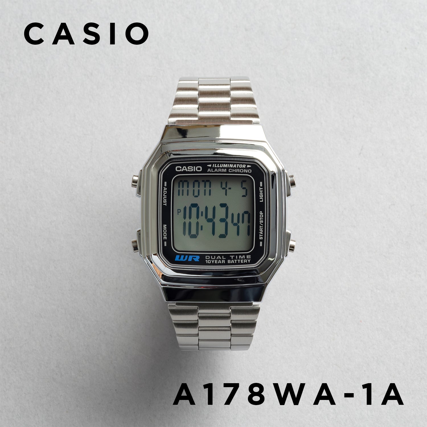CASIO カシオ A178WA-1A シルバー ブラック文字盤 デジタル メンズ 腕時計 正面