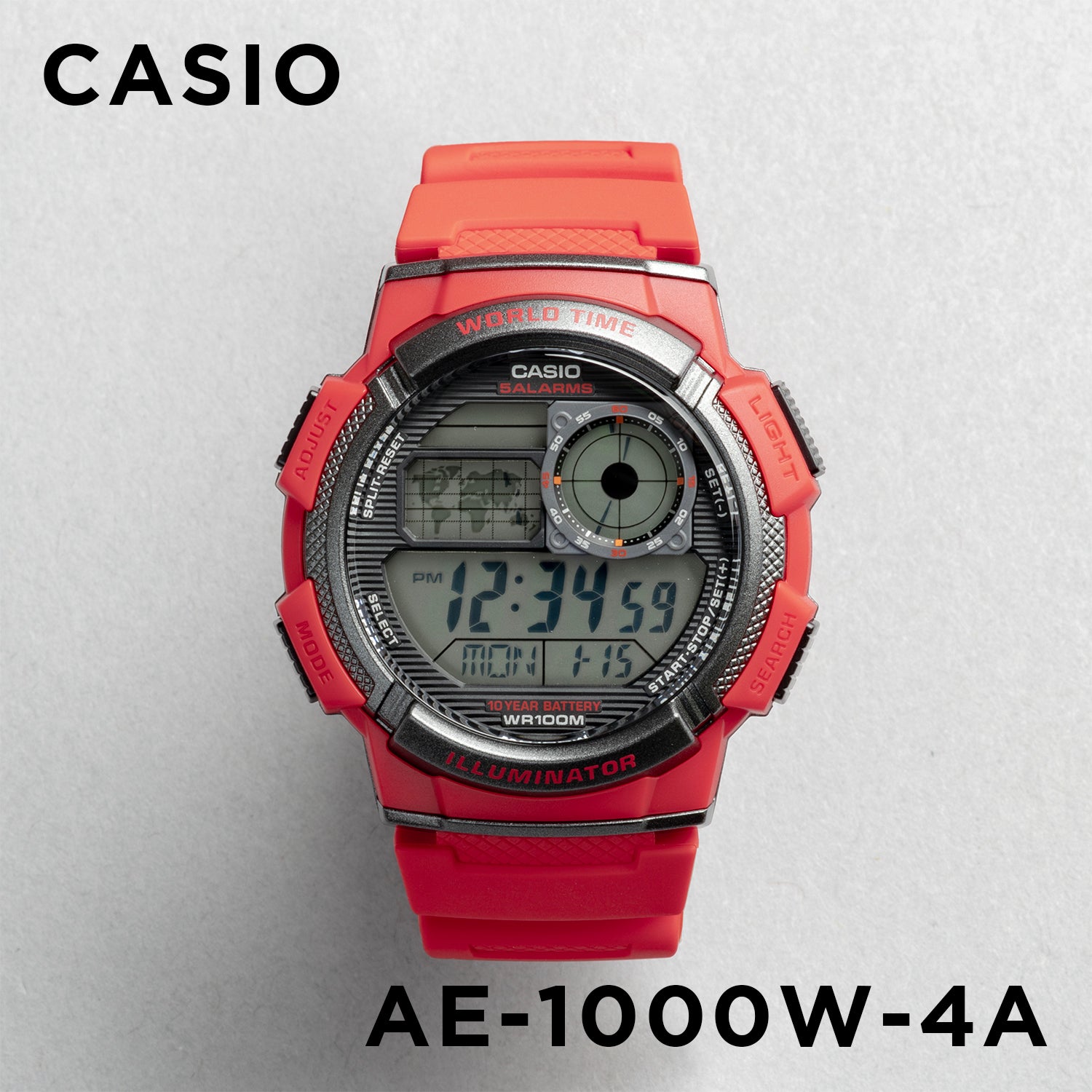CASIO カシオ AE-1000W-4A レッド ブラック文字盤 デジタル メンズ 腕時計 正面