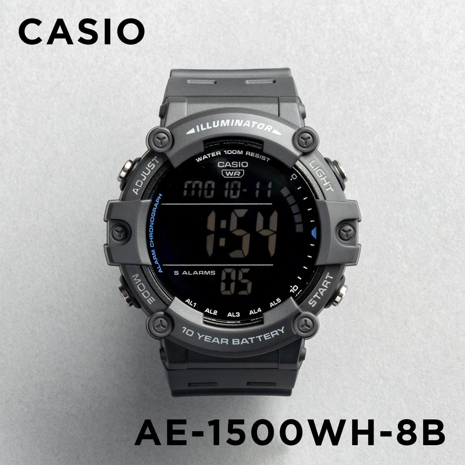CASIO カシオ AE-1500WH-8B グレー ブラック文字盤 デジタル ユニセックス 腕時計 正面