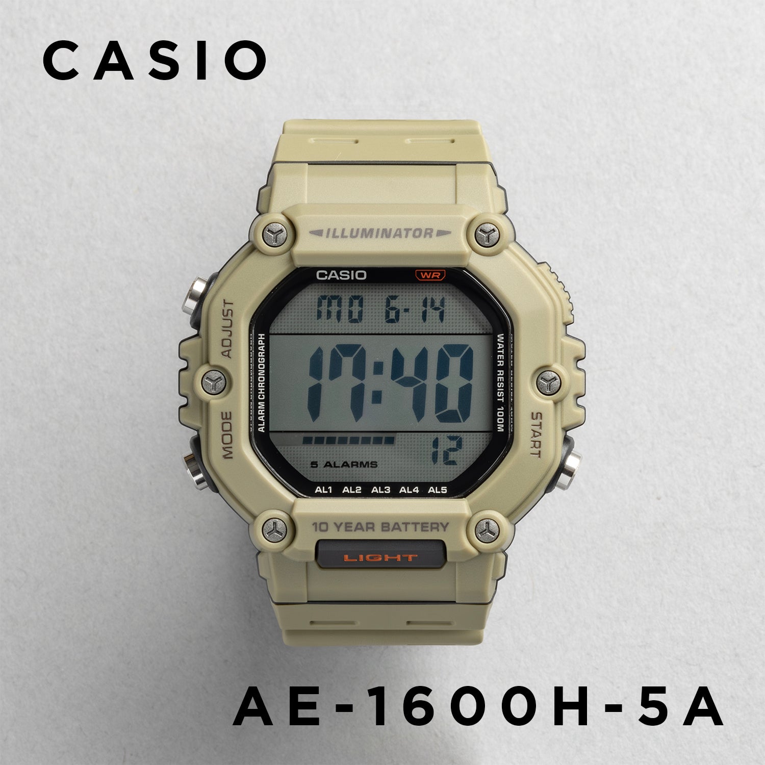 CASIO カシオ AE-1600H-5A ベージュ ブラック文字盤 デジタル メンズ 腕時計 正面