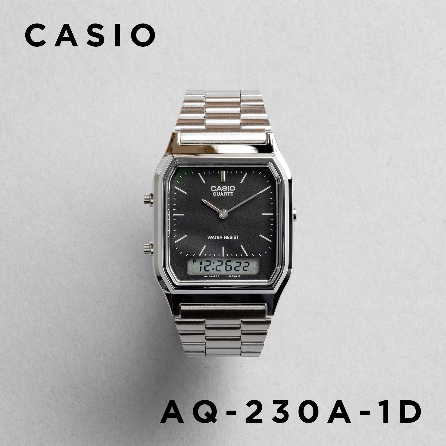 CASIO カシオ AQ-230A-1D シルバー ブラック文字盤 アナデジ メンズ 腕時計 正面