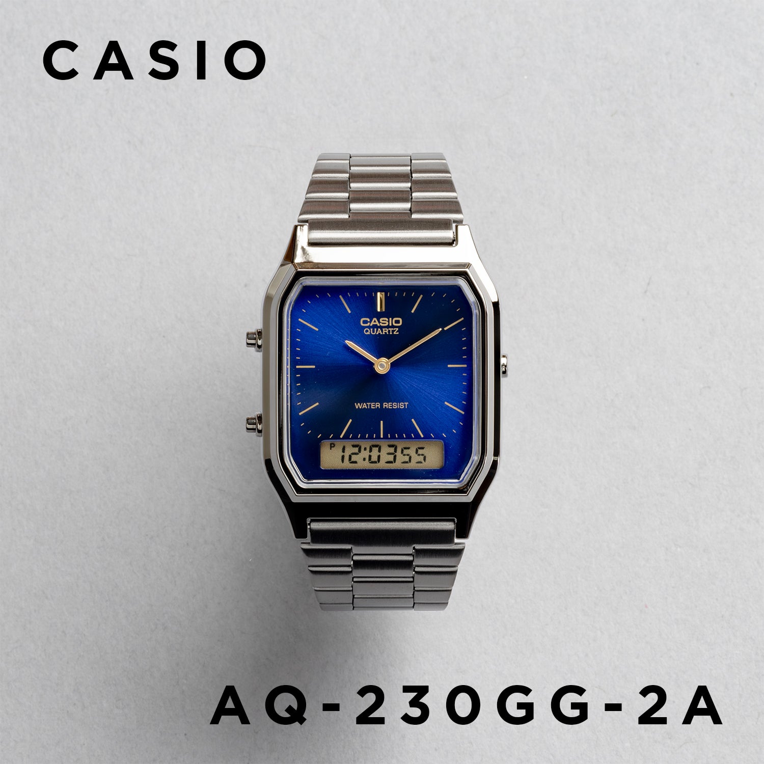 CASIO カシオ AQ-230GG-2A ガンメタ ブルー文字盤 アナデジ メンズ 腕時計 正面