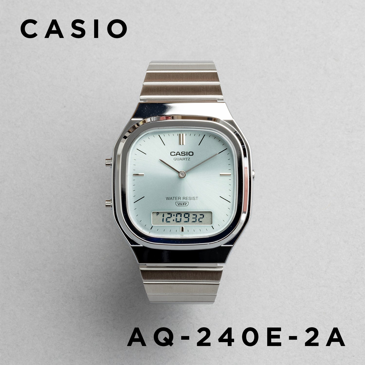 CASIO カシオ AQ-240E-2A シルバー ブルー文字盤 アナデジ メンズ 腕時計 正面