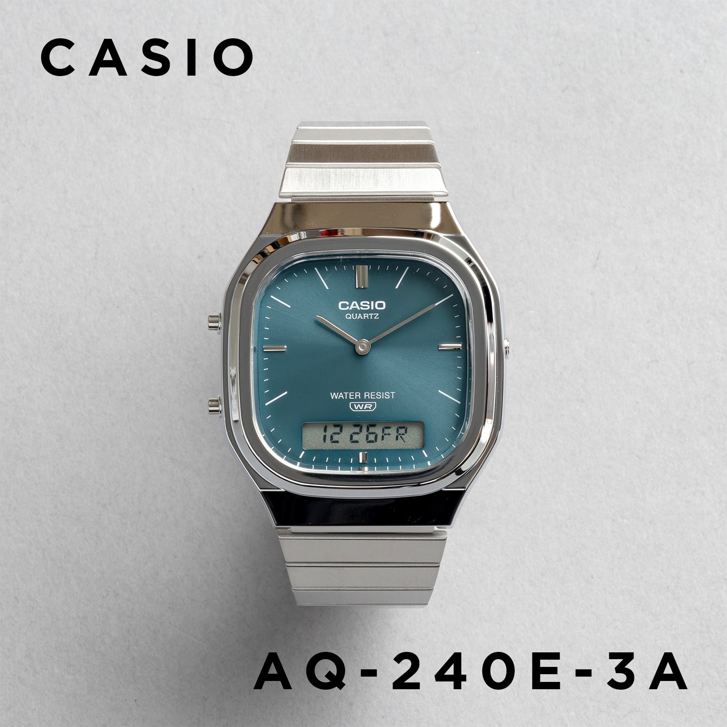 CASIO カシオ AQ-240E-3A シルバー グリーン文字盤 アナデジ メンズ 腕時計 正面