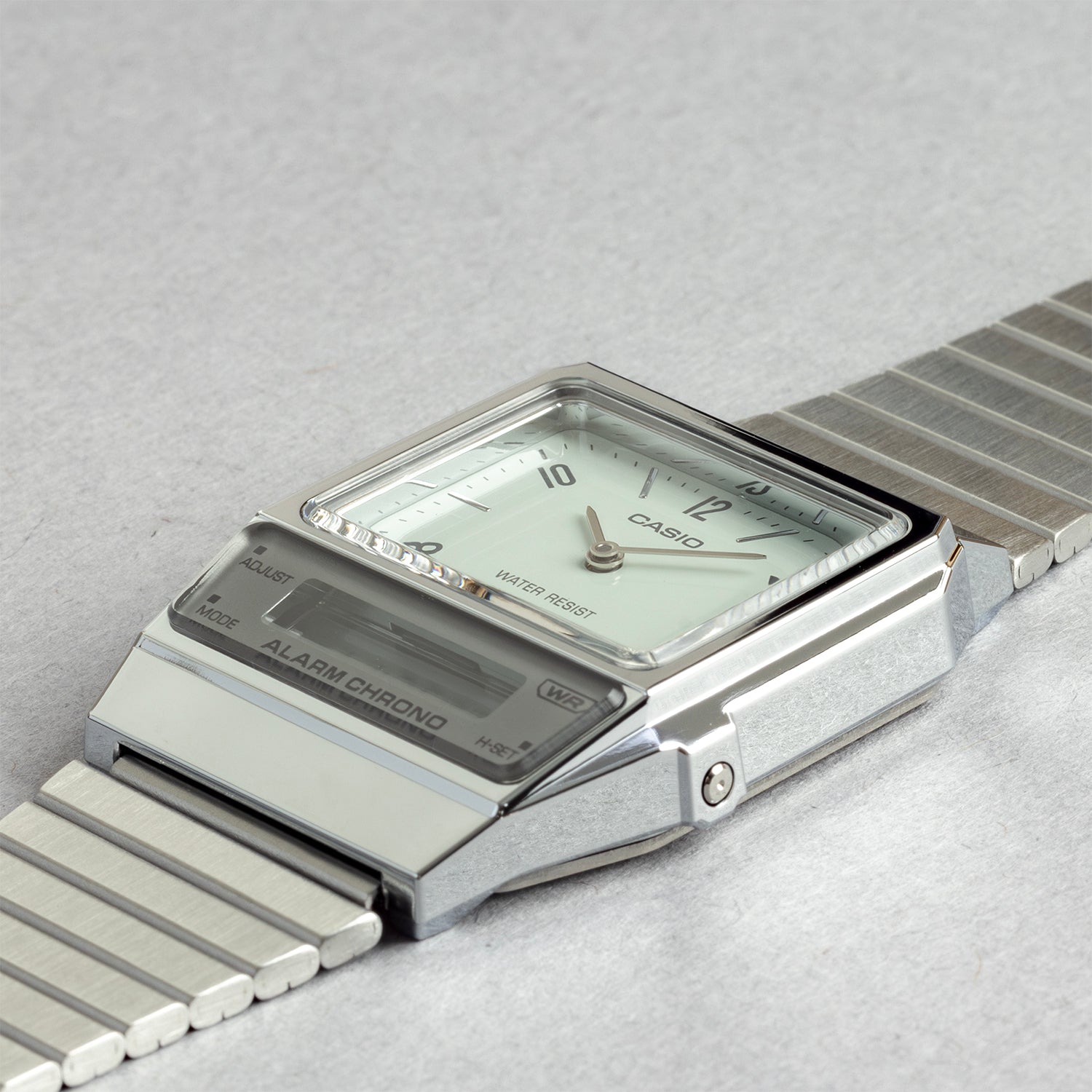 CASIO カシオ AQ-800E-3A シルバー グリーン文字盤 アナデジ メンズ 腕時計 斜め