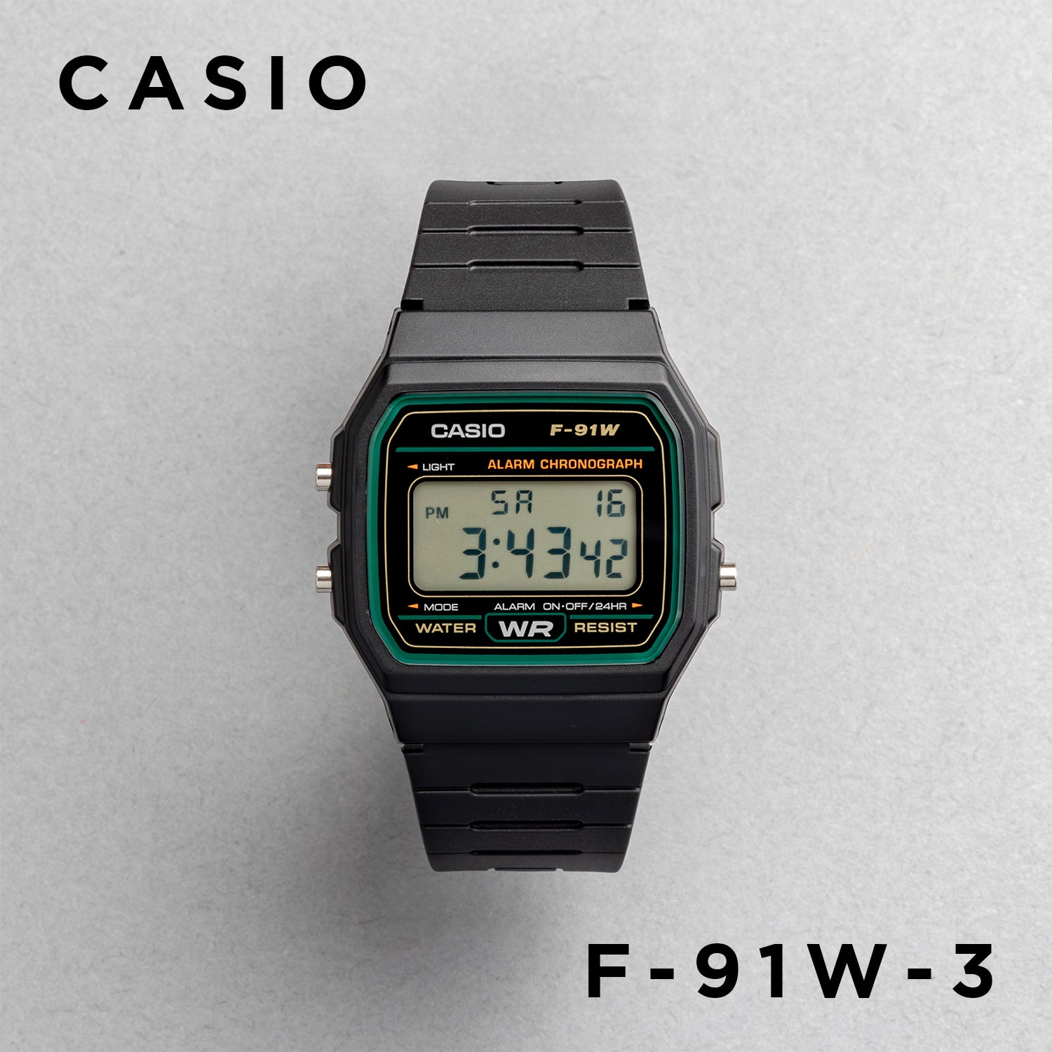 CASIO カシオ F-91W-3 ブラック グリーン文字盤 デジタル メンズ 腕時計 正面