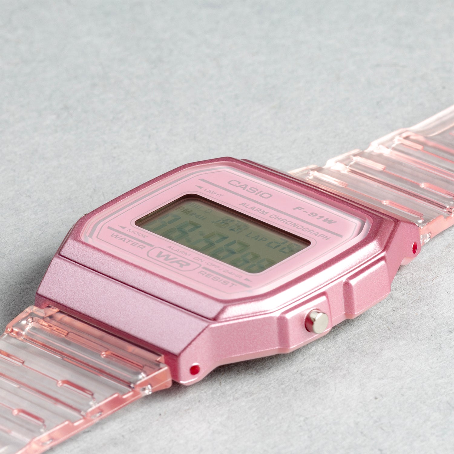 CASIO カシオ F-91WS-4 ピンク ピンク文字盤 デジタル ユニセックス 腕時計 斜め