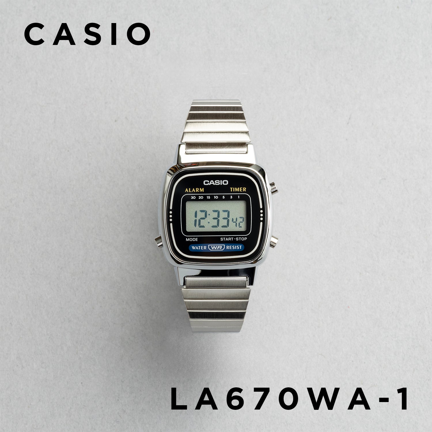 CASIO カシオ LA670WA-1 シルバー ブラック文字盤 デジタル レディース 腕時計 正面