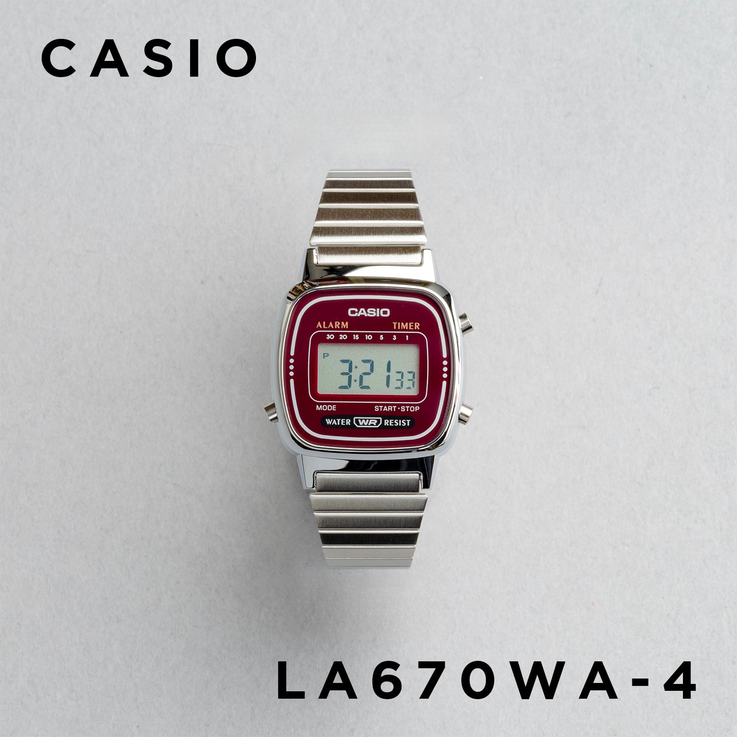 CASIO カシオ LA670WA-4 シルバー レッド文字盤 デジタル レディース 腕時計 正面