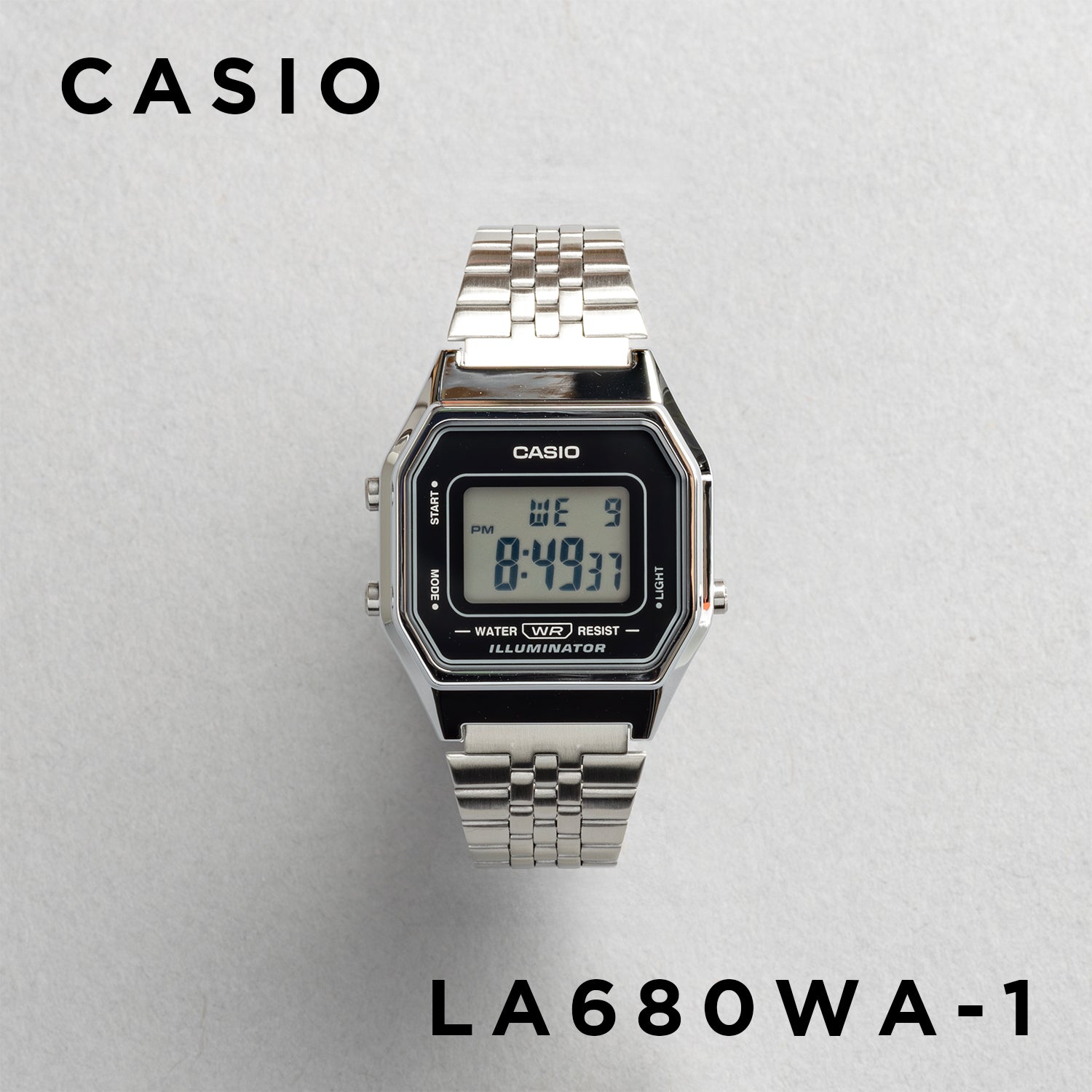 CASIO カシオ LA680WA-1 シルバー ブラック文字盤 デジタル レディース 腕時計 正面