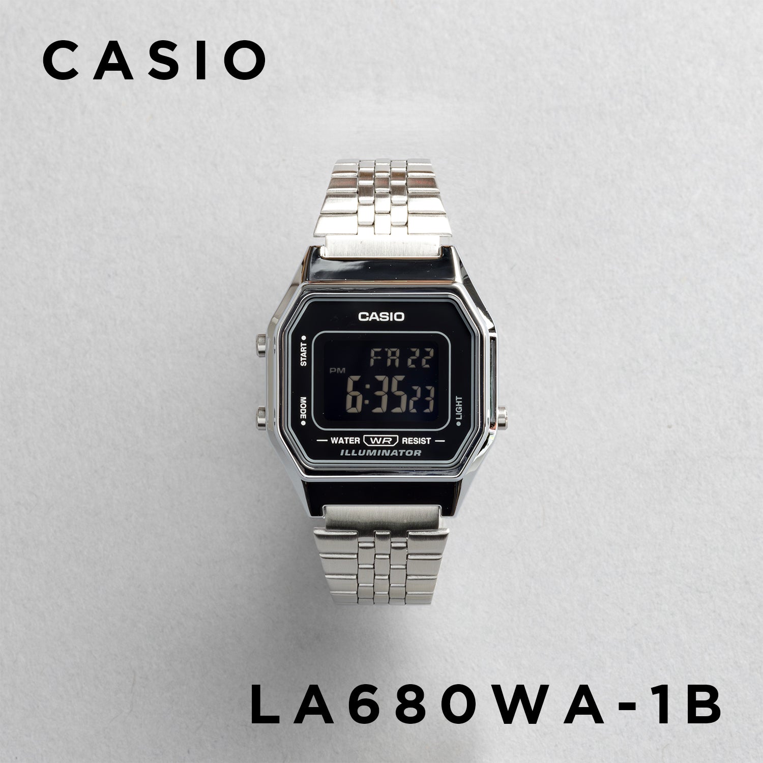 CASIO カシオ LA680WA-1B シルバー ブラック文字盤 デジタル レディース 腕時計 正面