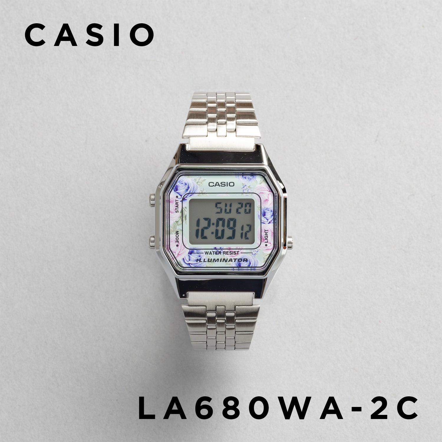 CASIO カシオ LA680WA-2C シルバー フローラル文字盤 デジタル レディース 腕時計 正面