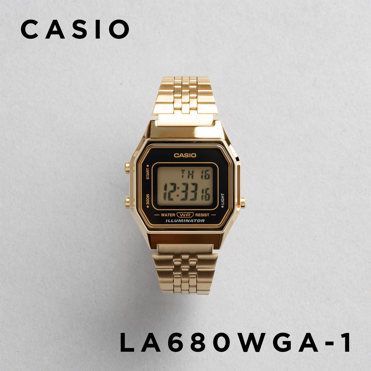 CASIO カシオ LA680WGA-1 ゴールド ブラック文字盤 デジタル レディース 腕時計 正面