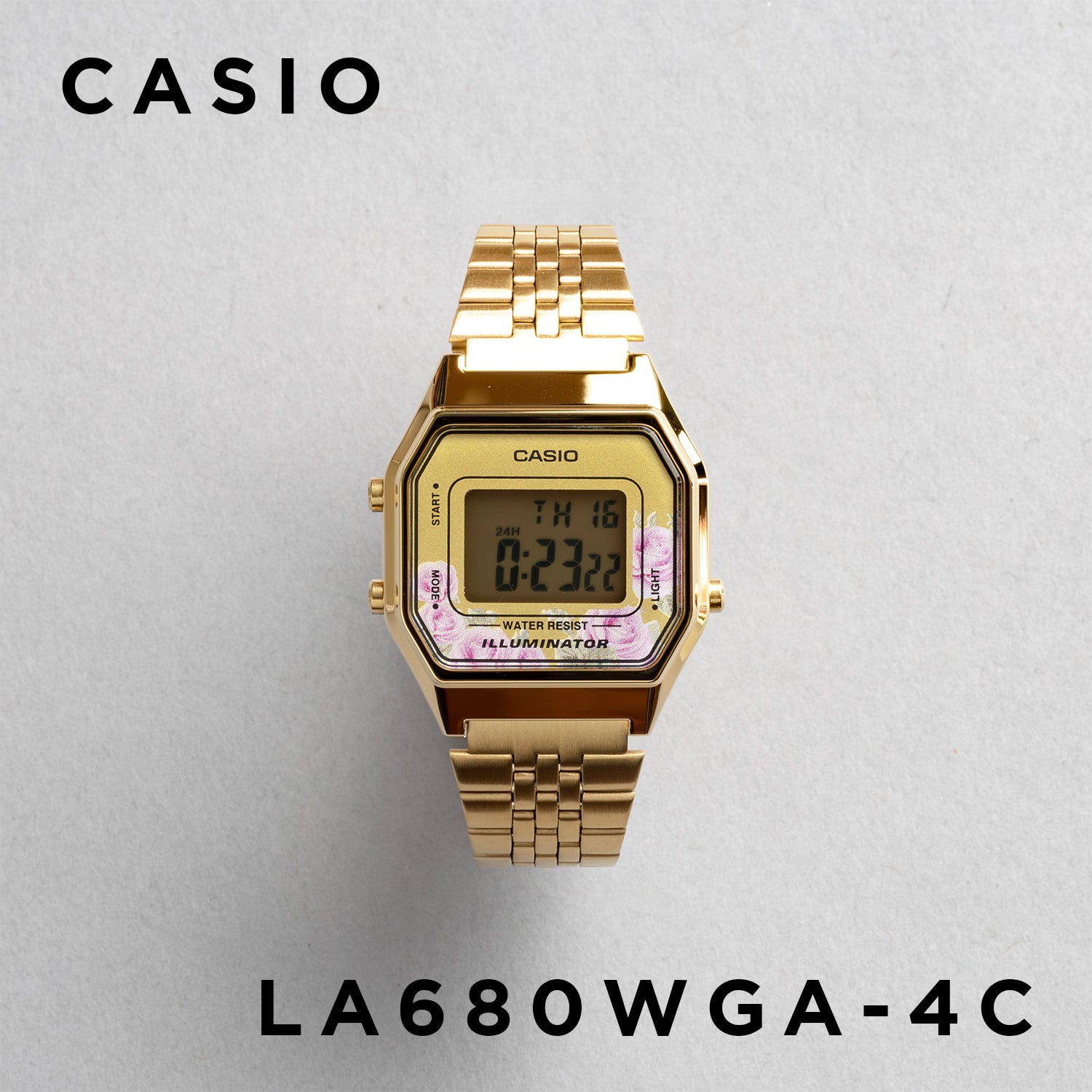 CASIO カシオ LA680WGA-4C ゴールド ゴールド(花柄)文字盤 デジタル レディース 腕時計 正面