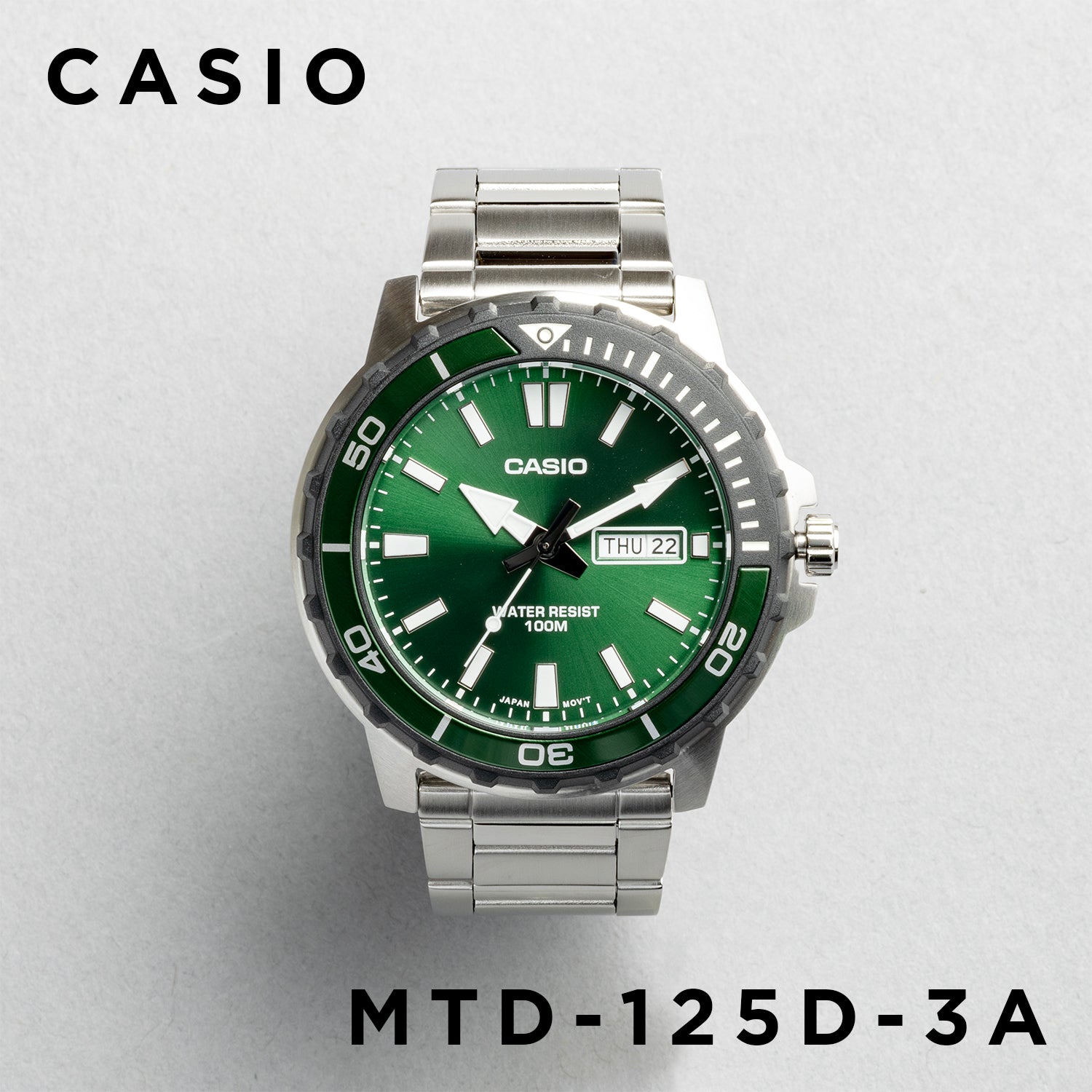 CASIO カシオ MTD-125D-3A シルバー グリーン文字盤 アナログ メンズ 腕時計 正面