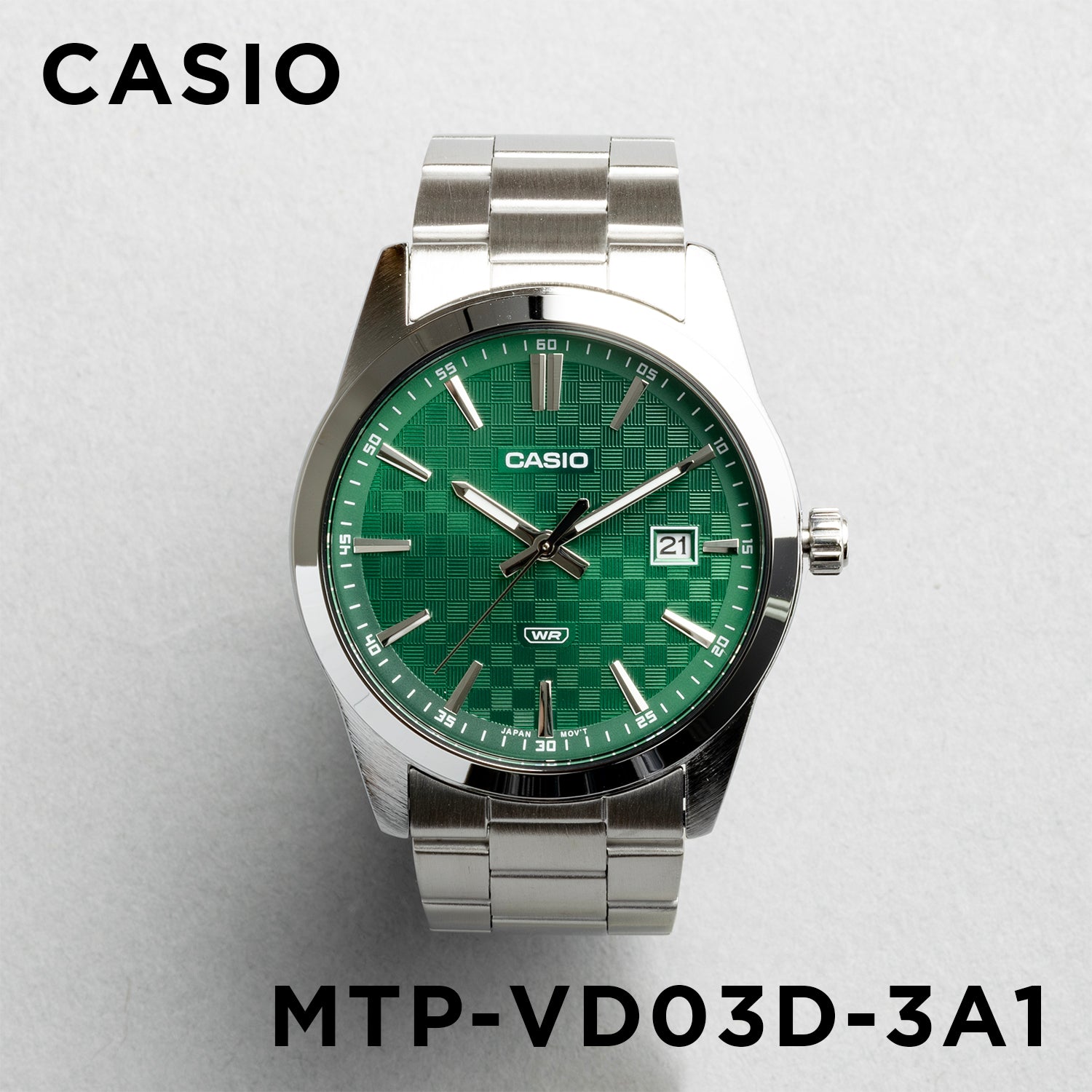 CASIO カシオ MTP-VD03D-3A1 シルバー グリーン文字盤 アナログ メンズ 腕時計 正面