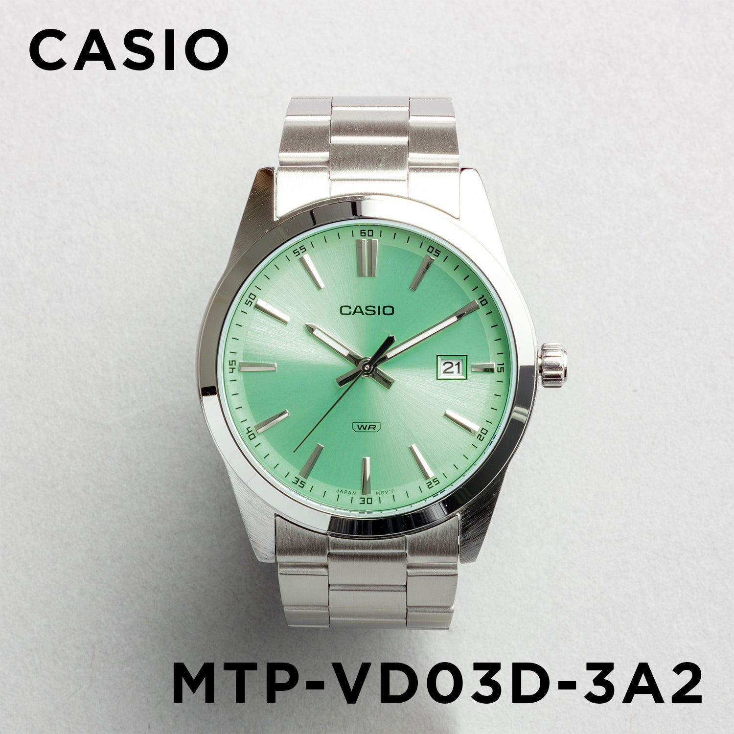 CASIO カシオ MTP-VD03D-3A2 シルバー グリーン文字盤 アナログ メンズ 腕時計 正面