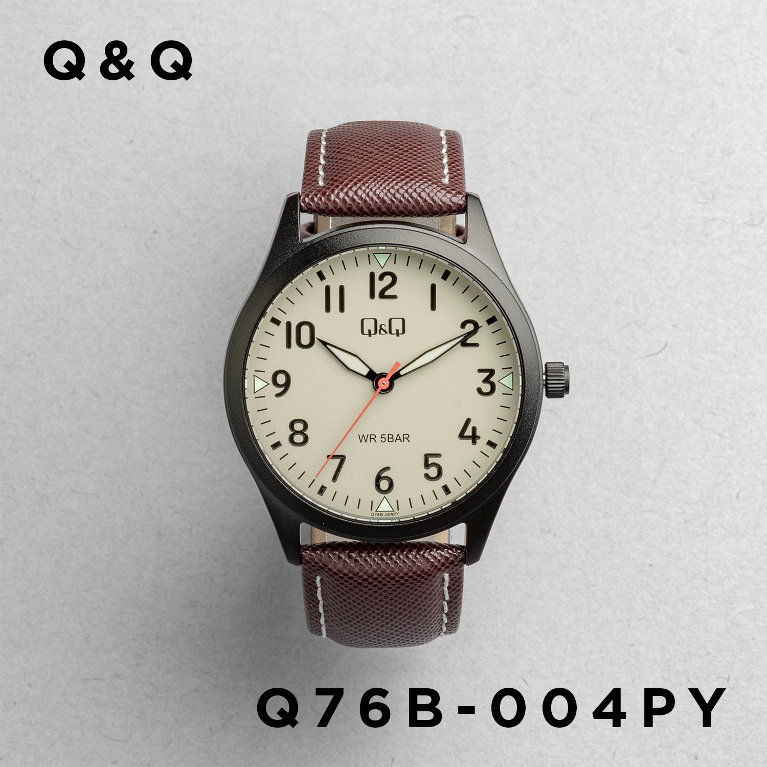 Q&Q QQ Q76B-004PY ブラウン ベージュ文字盤 アナログ メンズ 腕時計 正面