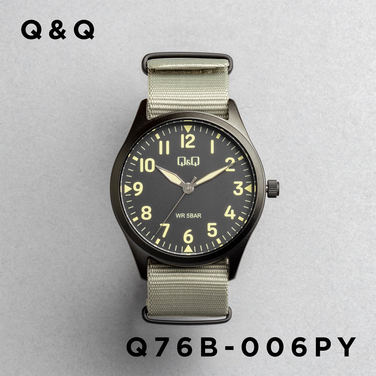 Q&Q QQ Q76B-006PY ベージュ ブラック文字盤 アナログ メンズ 腕時計 正面