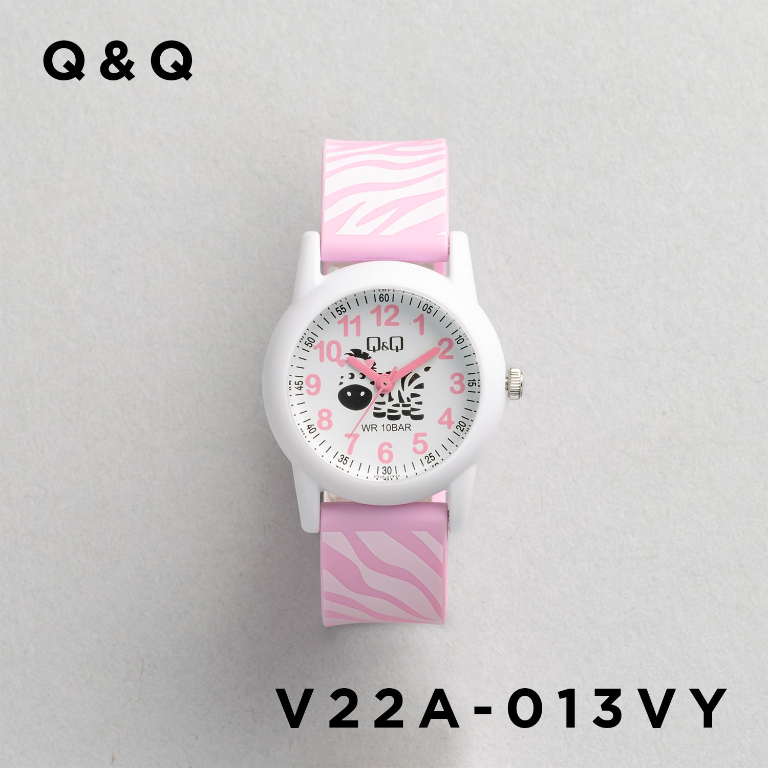 Q&Q QQ V22A-013VY ピンク ホワイト文字盤 アナログ キッズ 腕時計 正面