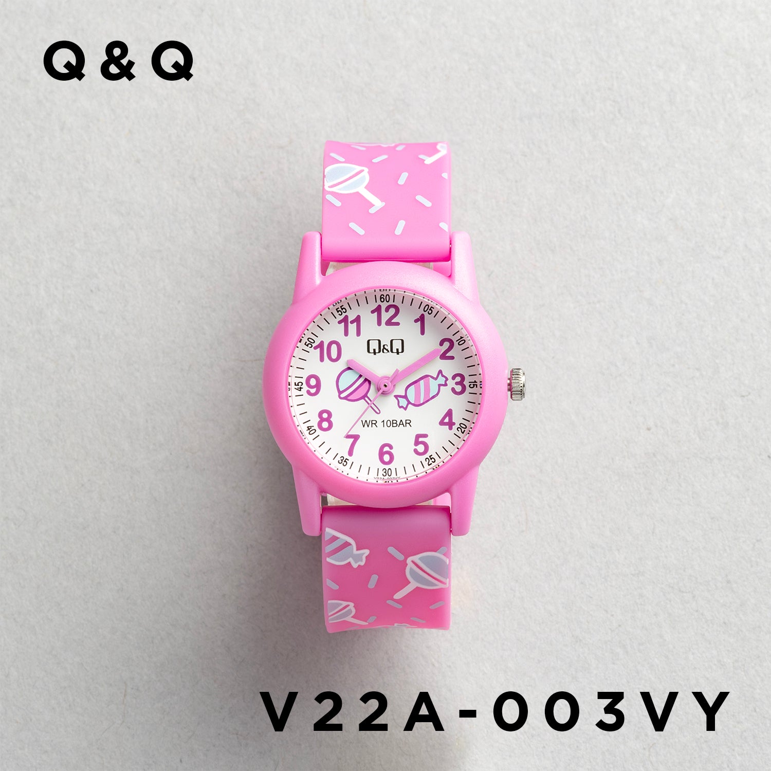 Q&Q QQ V22A-003VY ピンク ホワイト文字盤 アナログ キッズ 腕時計 正面