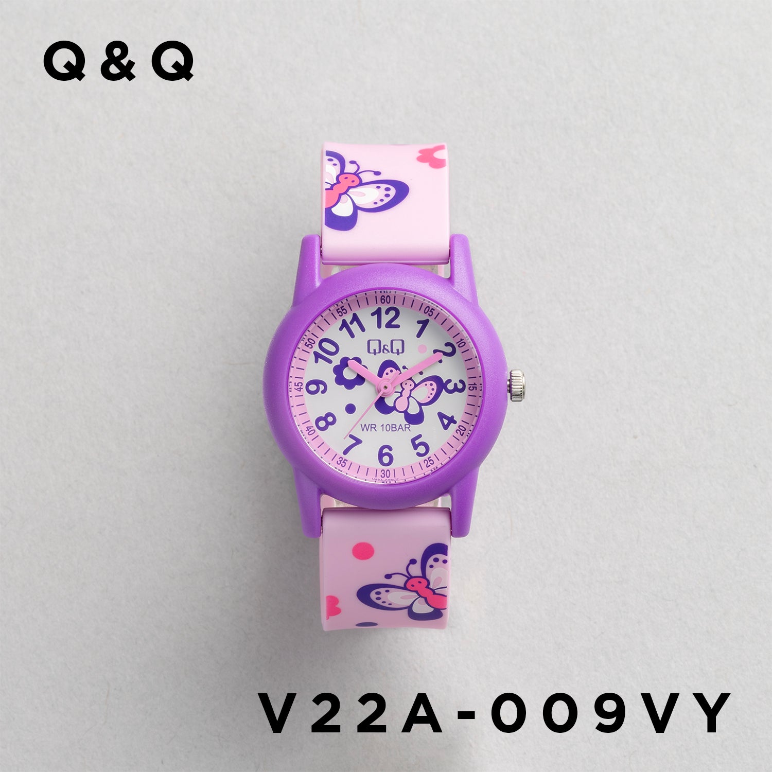 Q&Q QQ V22A-009VY ピンク ホワイト文字盤 アナログ キッズ 腕時計 正面