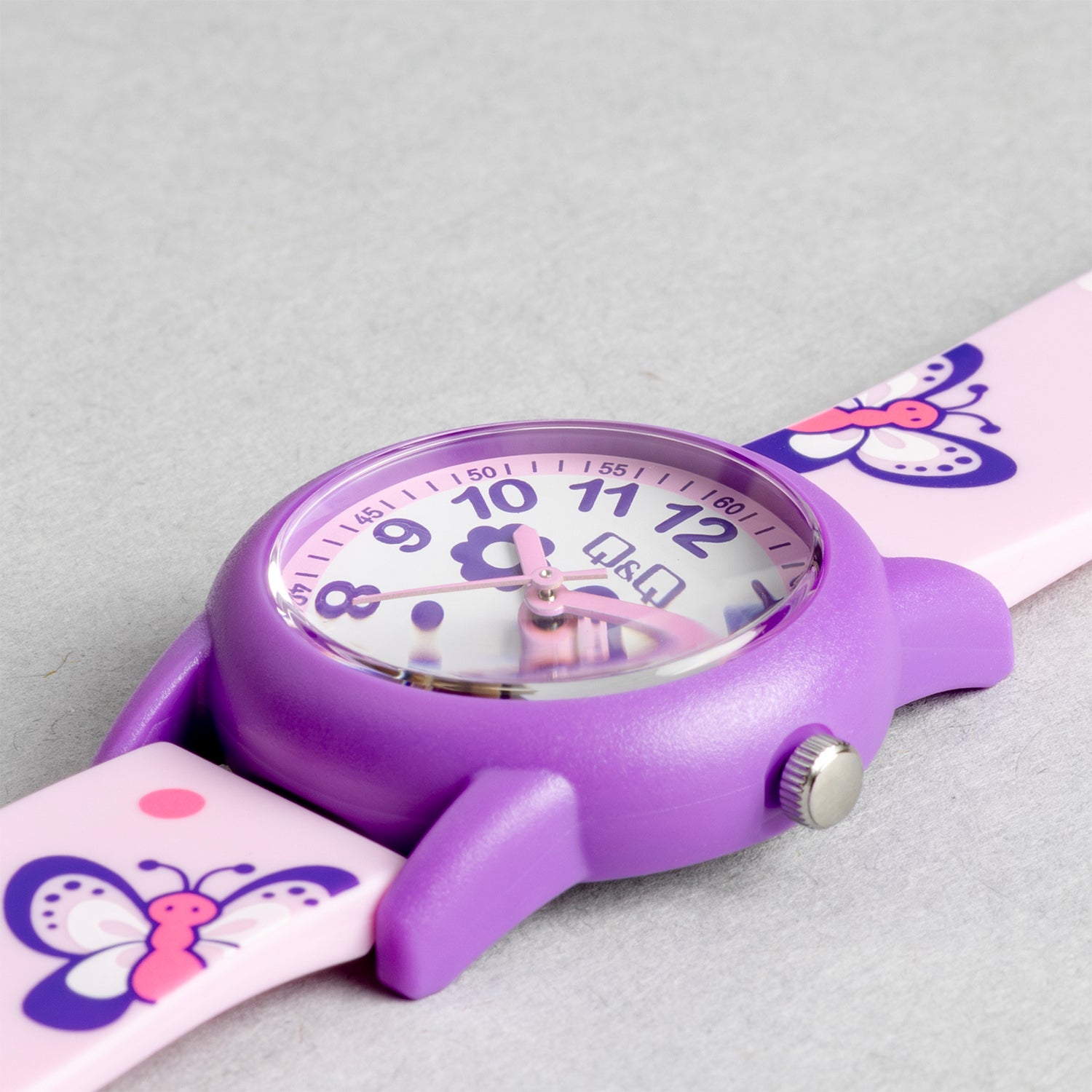 Q&Q QQ V22A-009VY ピンク ホワイト文字盤 アナログ キッズ 腕時計 斜め