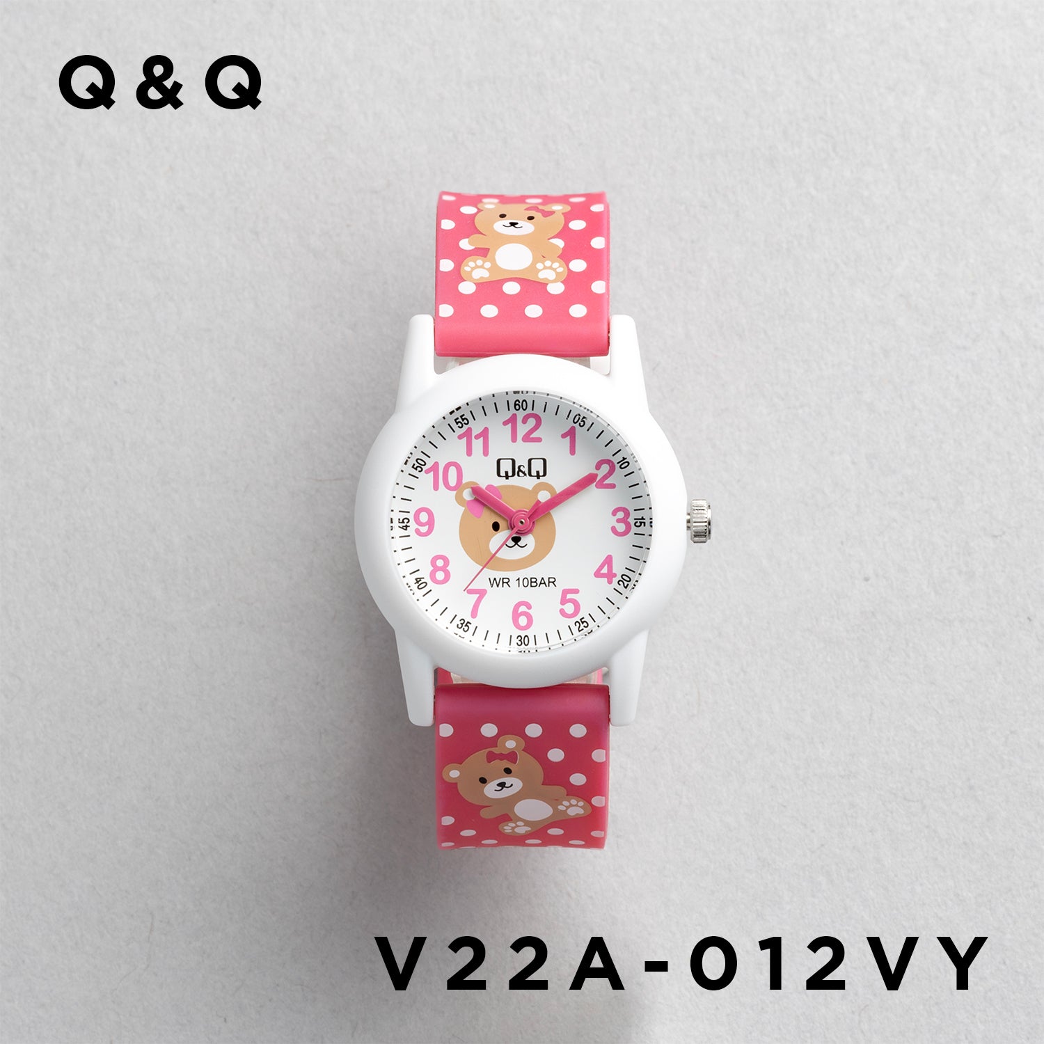 Q&Q QQ V22A-012VY ピンク ホワイト文字盤 アナログ キッズ 腕時計 正面