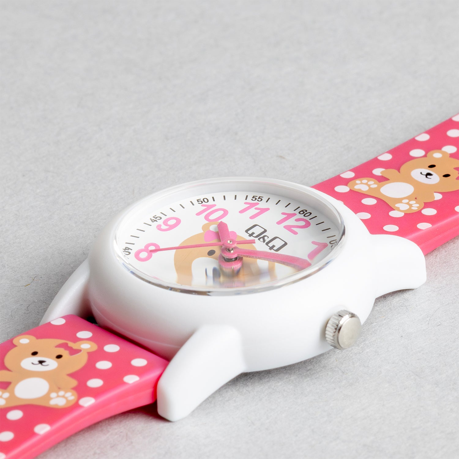 Q&Q QQ V22A-012VY ピンク ホワイト文字盤 アナログ キッズ 腕時計 斜め