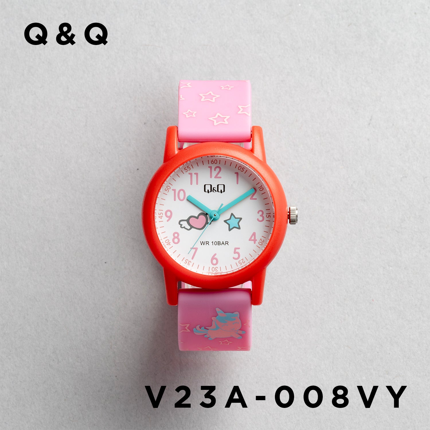 Q&Q QQ V23A-008VY ピンク ホワイト文字盤 アナログ キッズ 腕時計 正面