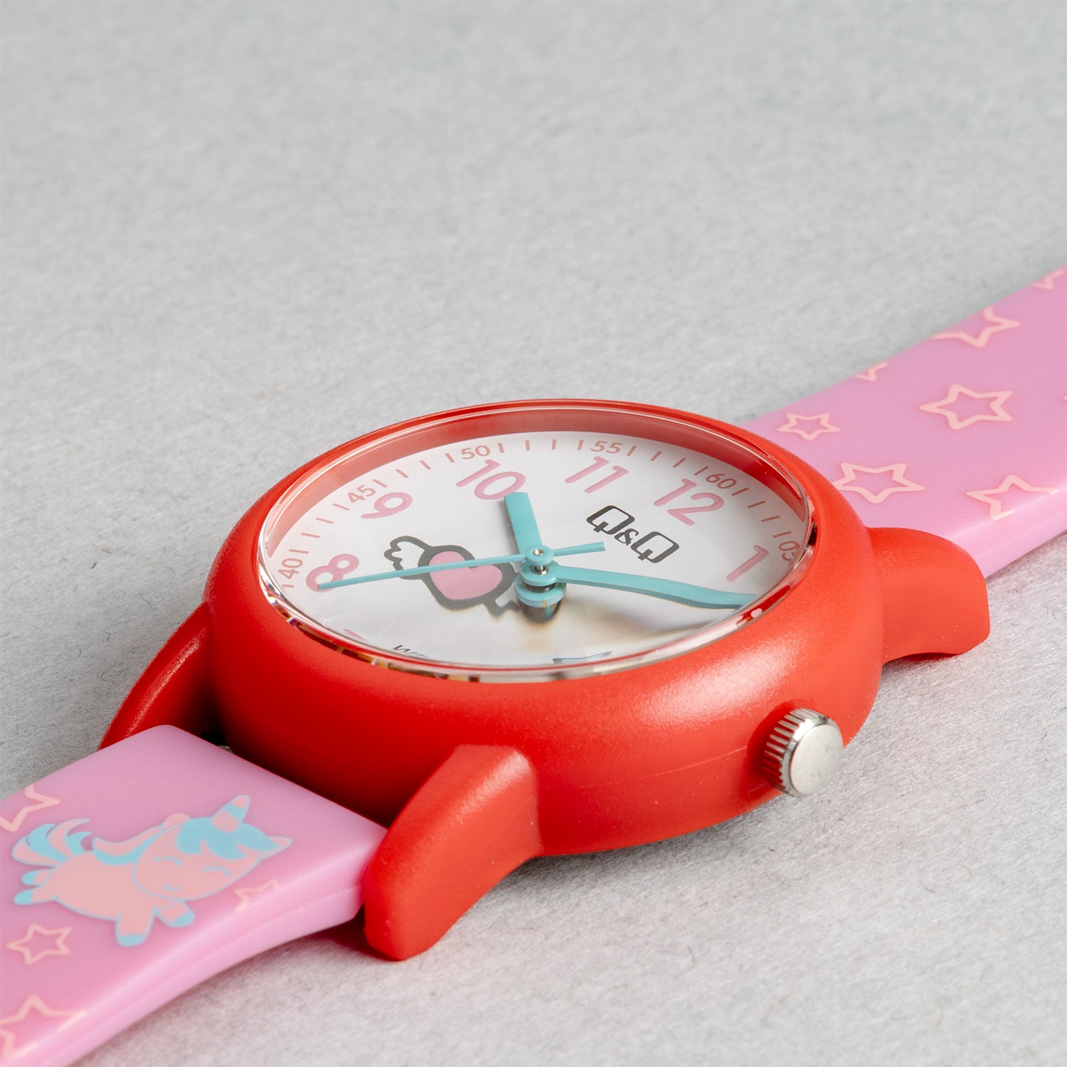 Q&Q QQ V23A-008VY ピンク ホワイト文字盤 アナログ キッズ 腕時計 斜め