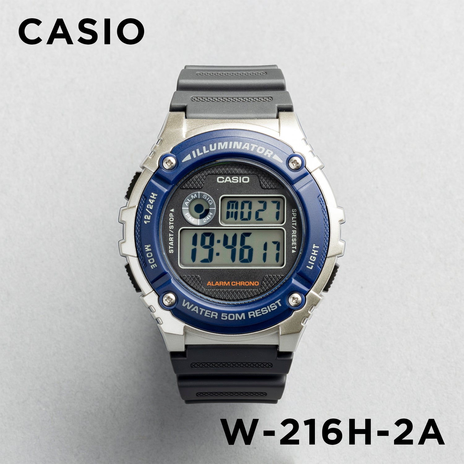 CASIO カシオ W-216H-2A グレー ブラック文字盤 デジタル メンズ 腕時計 正面