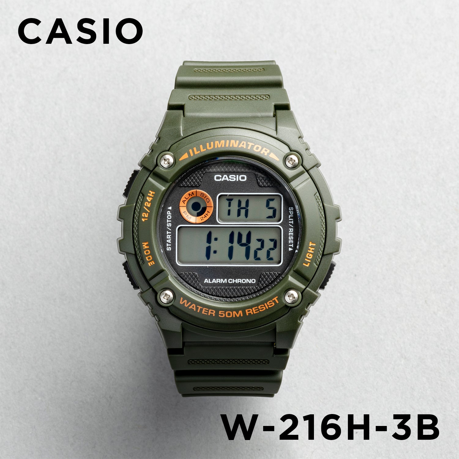 CASIO カシオ W-216H-3B グリーン ブラック文字盤 デジタル メンズ 腕時計 正面
