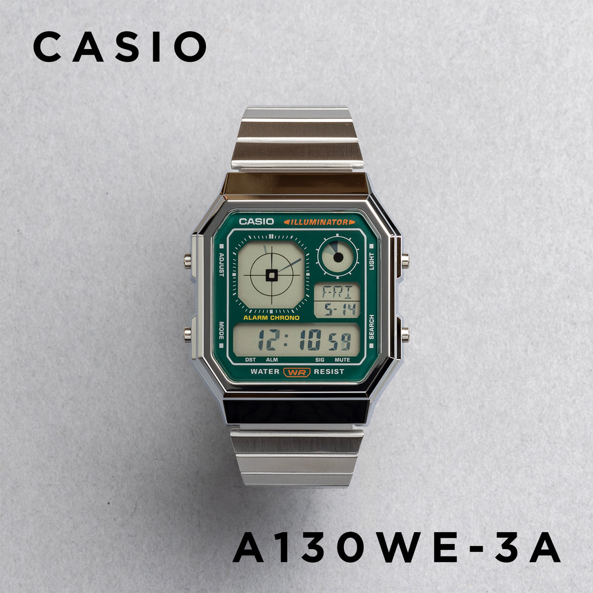 CASIO カシオ A130WE-3A シルバー グリーン文字盤 デジタル メンズ 腕時計 正面