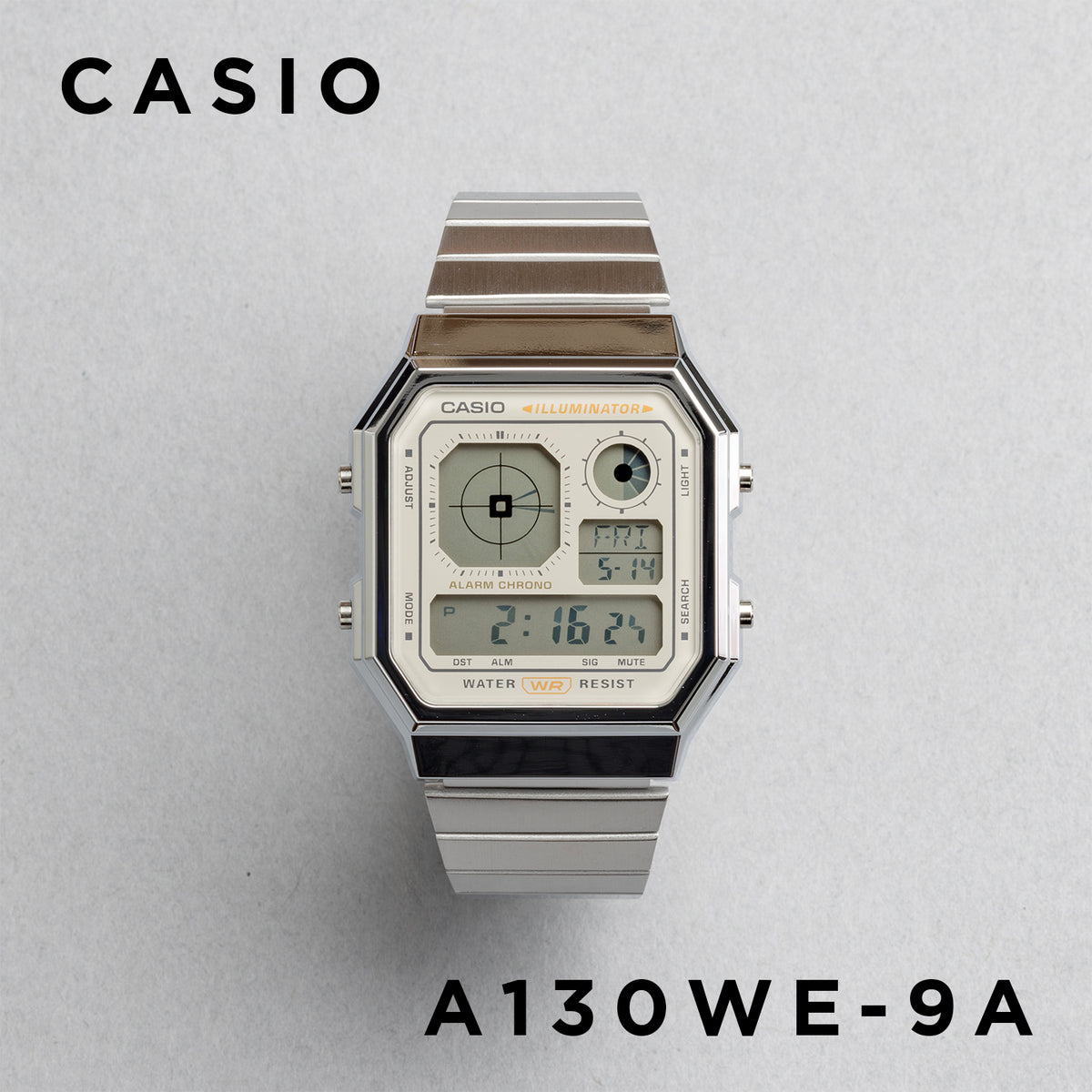 CASIO カシオ A130WE-9A シルバー ベージュ文字盤 デジタル メンズ 腕時計 正面
