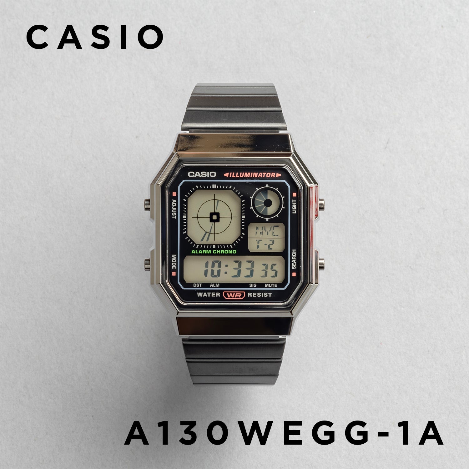CASIO カシオ A130WEGG-1A ガンメタル ブラック文字盤 デジタル メンズ 腕時計 正面