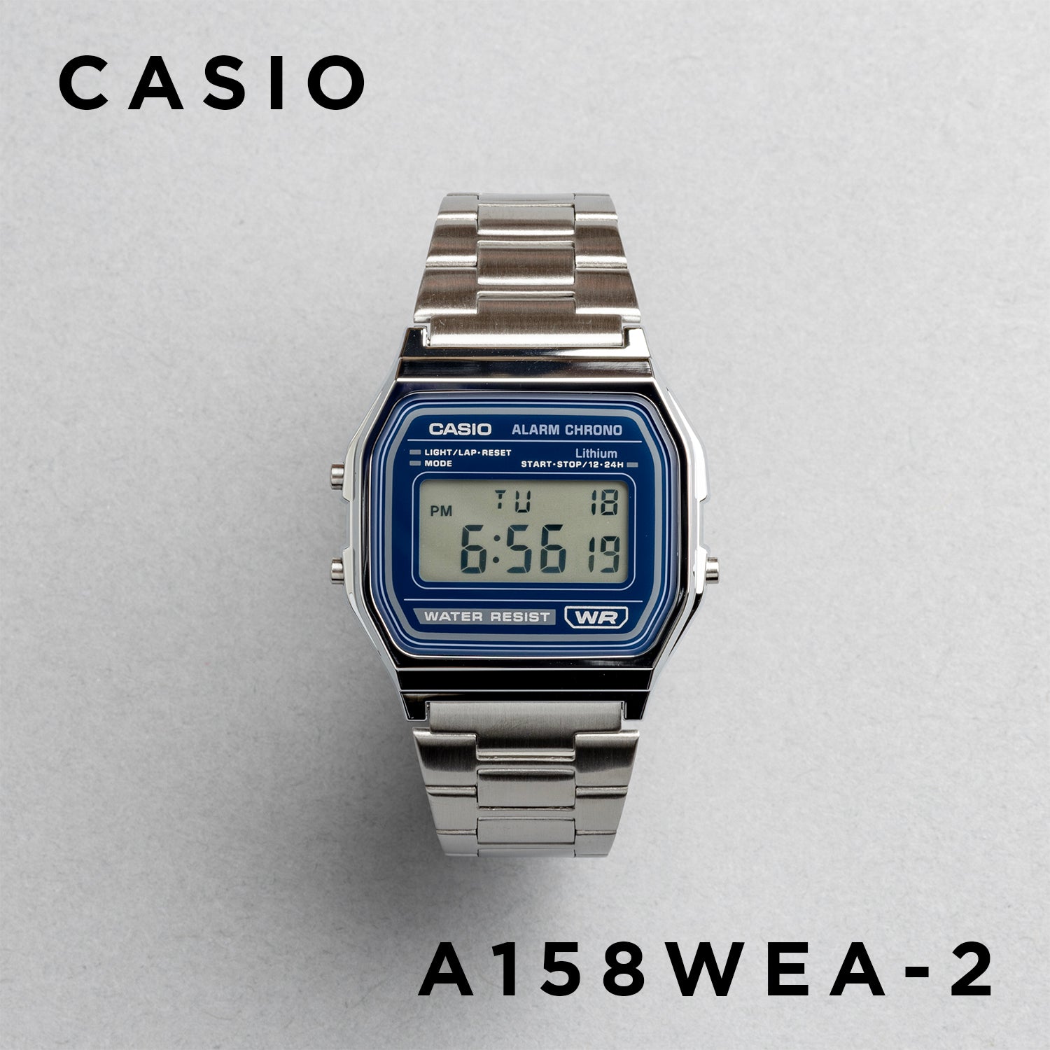 CASIO カシオ A158WEA-2 シルバー ブルー文字盤 デジタル メンズ 腕時計 正面