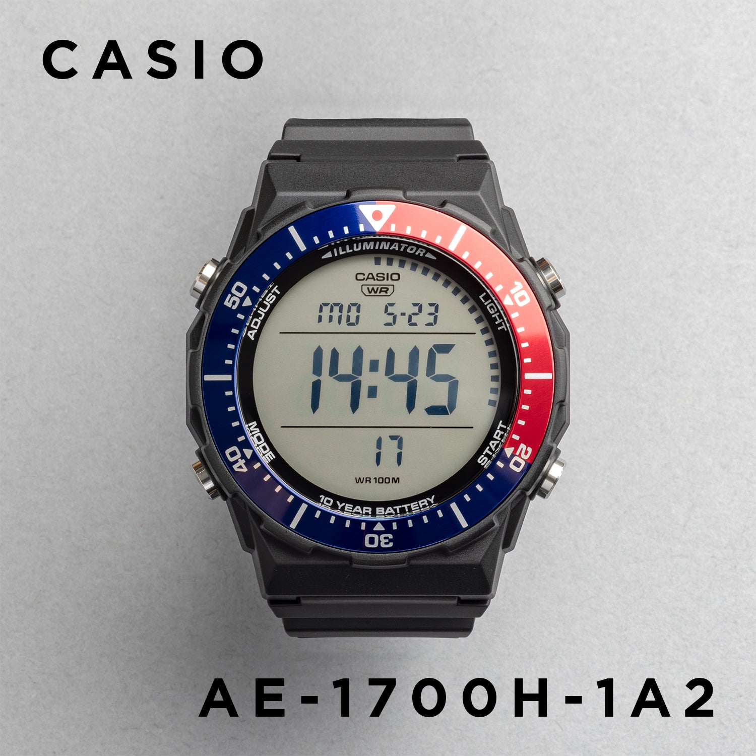 CASIO カシオ AE-1700H-1A2 ブラック ブルー文字盤 デジタル メンズ 腕時計 正面