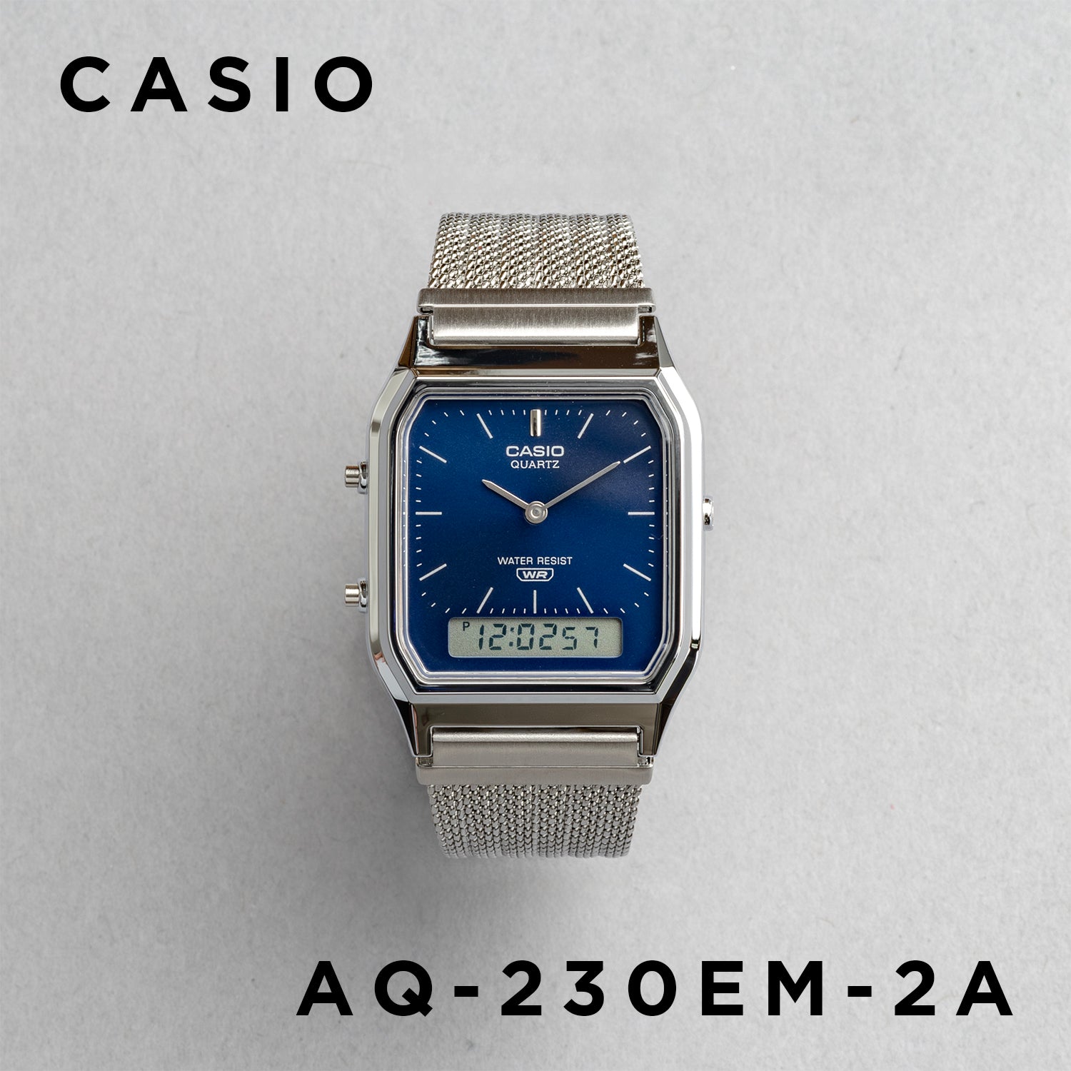 CASIO カシオ AQ-230EM-2A シルバー ブルー アナデジ メンズ 腕時計 正面