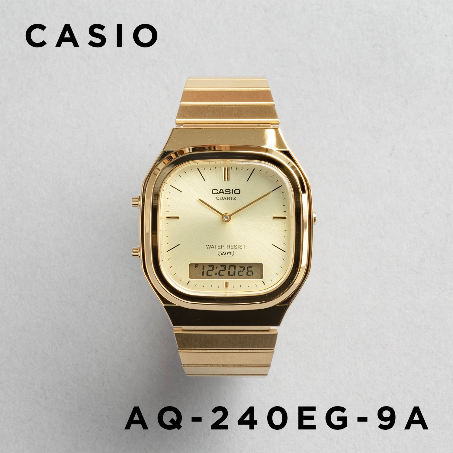CASIO カシオ AQ-240EG-9A ゴールド ゴールド文字盤 アナデジ メンズ 腕時計 正面