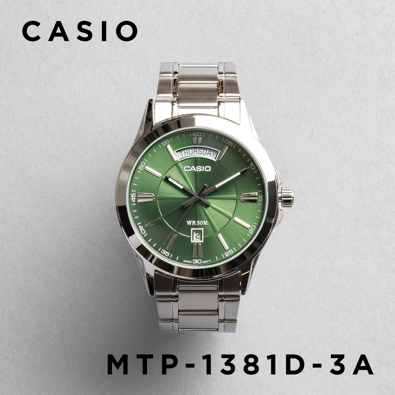 CASIO カシオ MTP-1381D-3A シルバー グリーン文字盤 アナログ メンズ 腕時計 正面