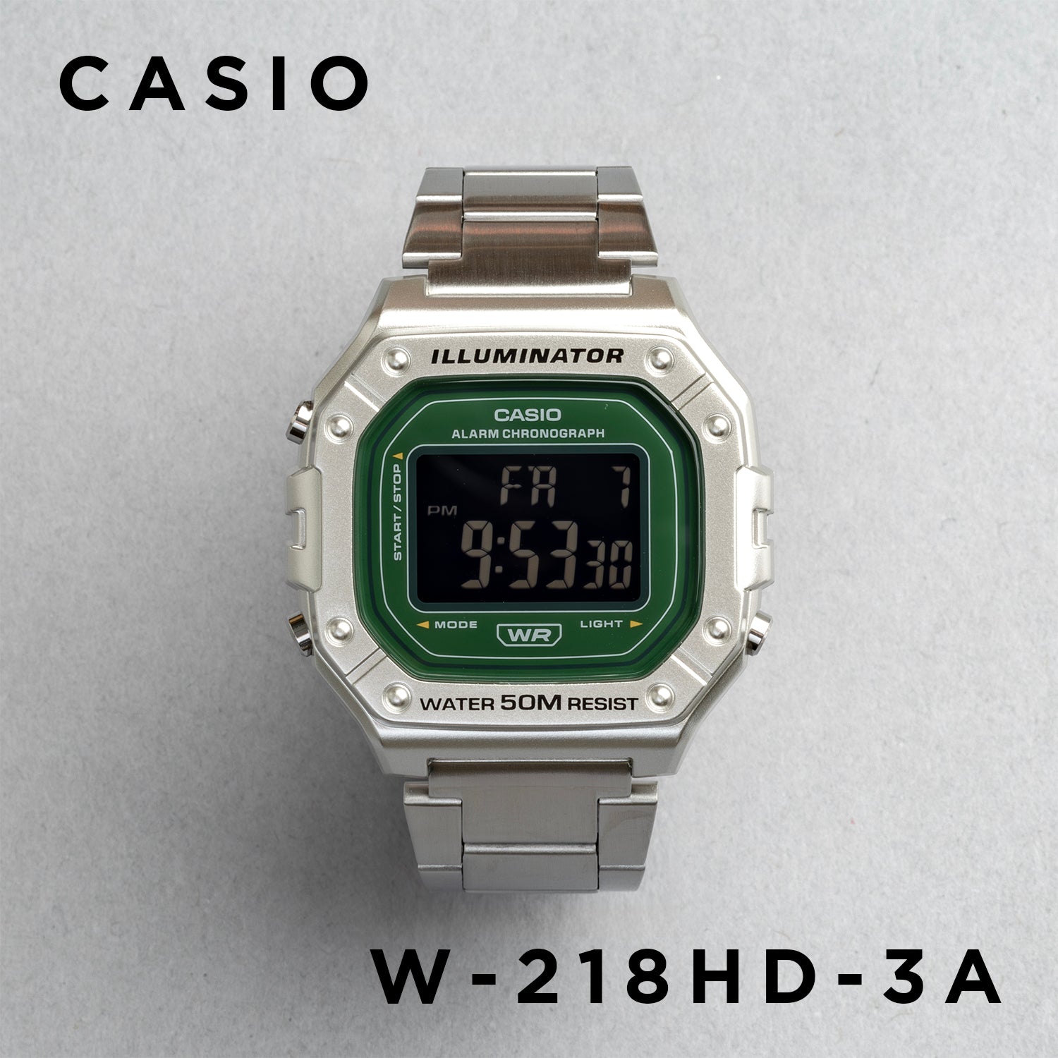 CASIO カシオ W-218HD-3A シルバー グリーン文字盤 デジタル メンズ 腕時計 正面